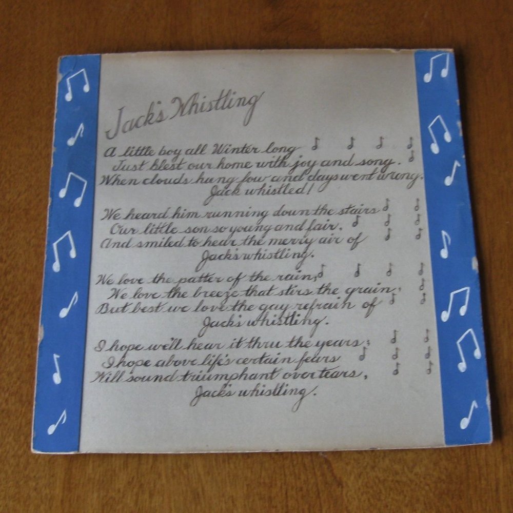 Antique Art Piece to Frame - Poem "Jack's Whistling" - 1925 - Size 10" x 10"